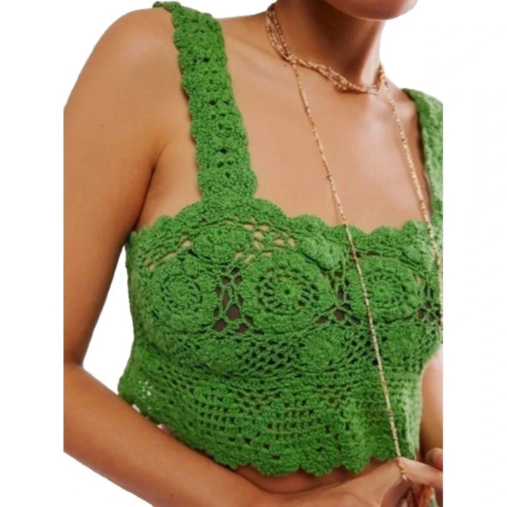 Free People Crochet Tank Top Medium Green Open Knit Cropped Cotton Unlined